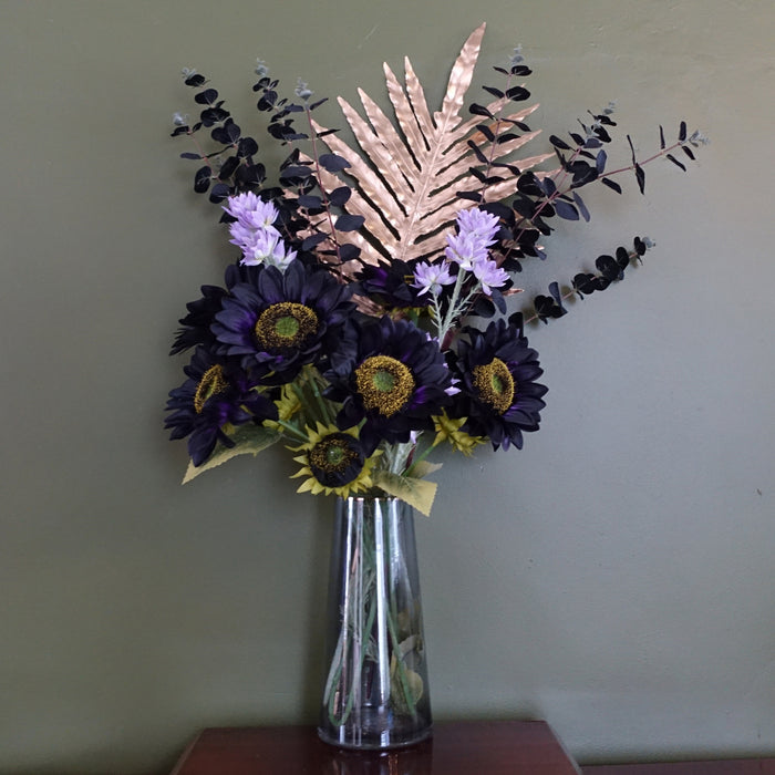 80cm Artificial Purple Sunflower and Gold Leaf Display Glass Vase