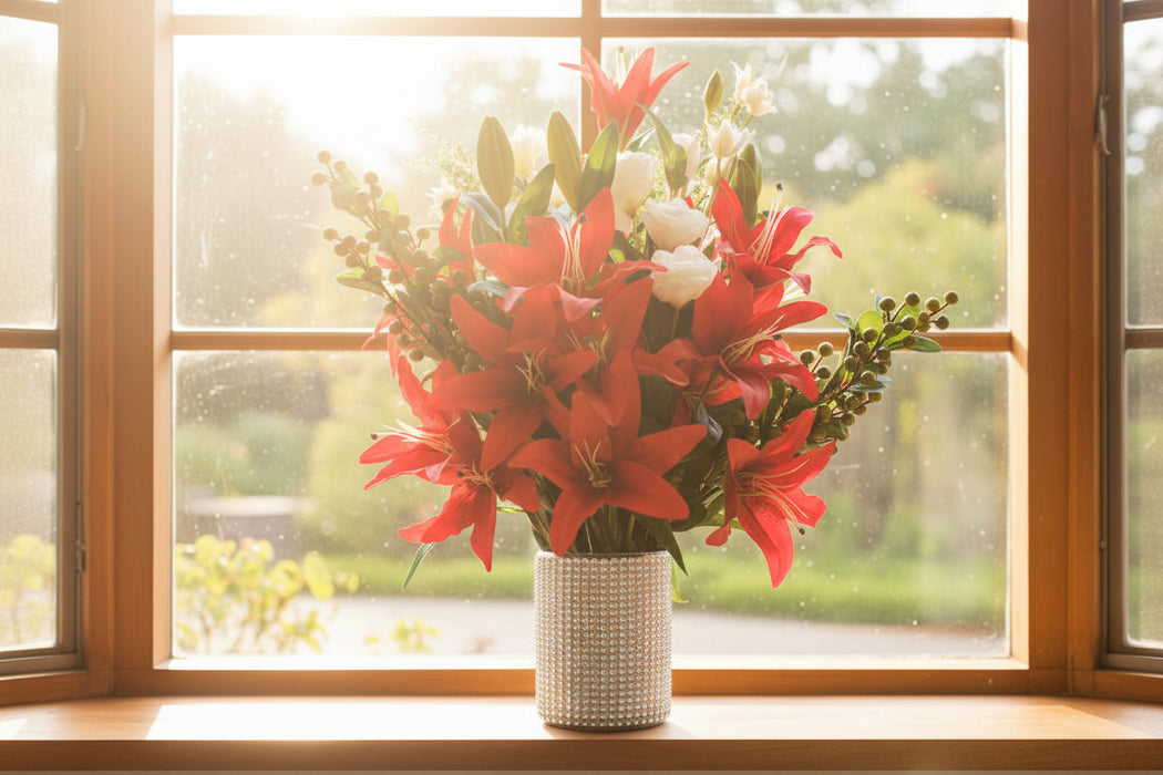 Red Lily Arrangement Silver Glass Vase - 80cm