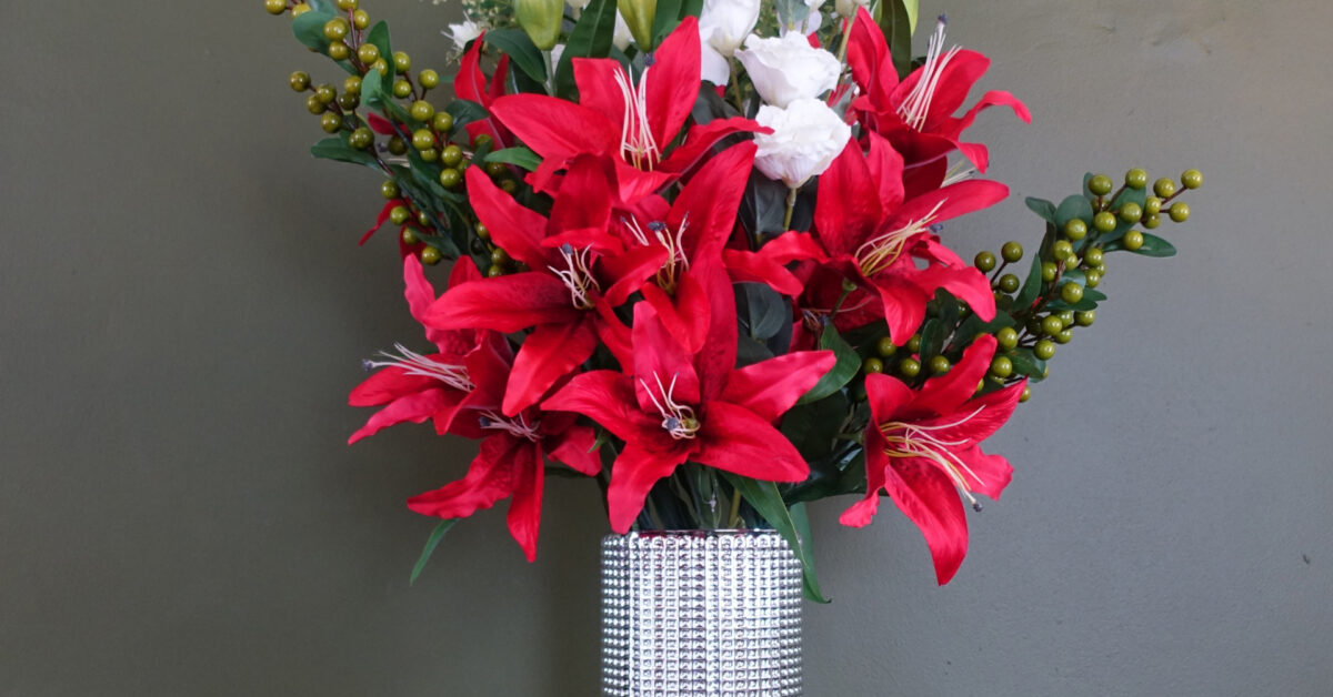 Red Lily Arrangement Silver Glass Vase - 80cm
