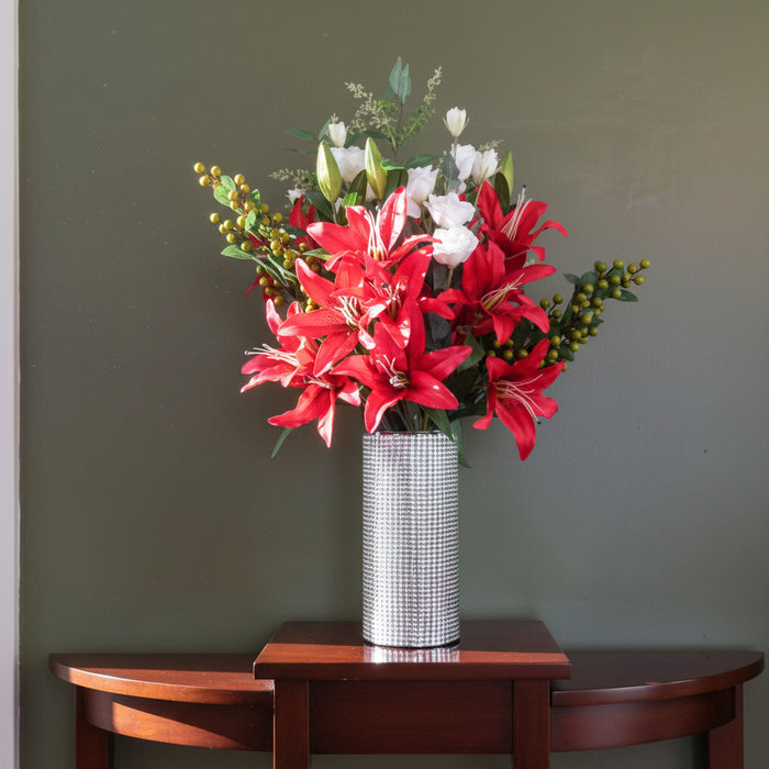 Red Lily Arrangement Silver Glass Vase - 80cm