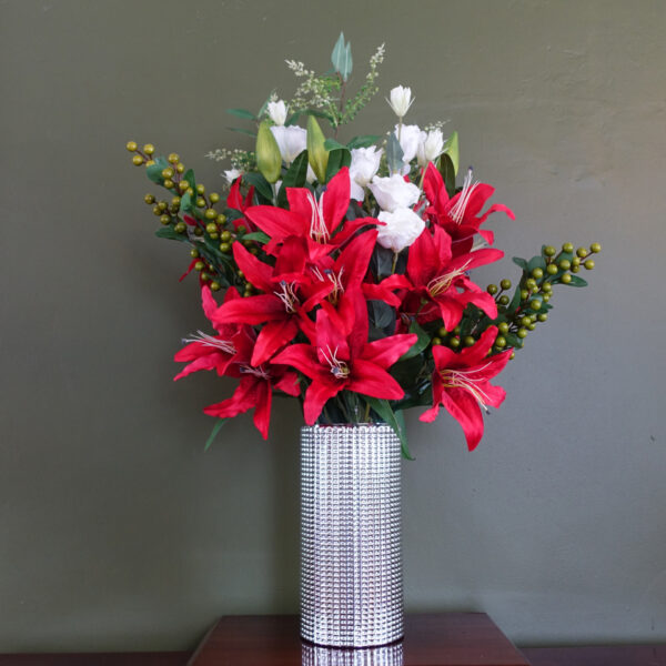 Red Lily Arrangement Silver Glass Vase - 80cm
