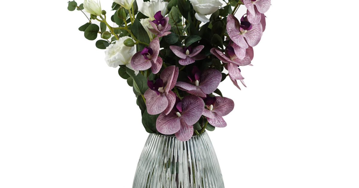 70cm - Rose, Orchid & Eucalyptus Arrangement in Glass Vase