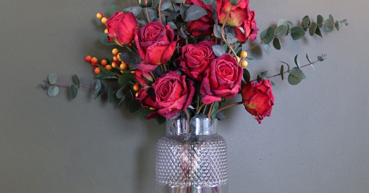 60cm Red Rose and Eucalyptus Glass Diamond Vase