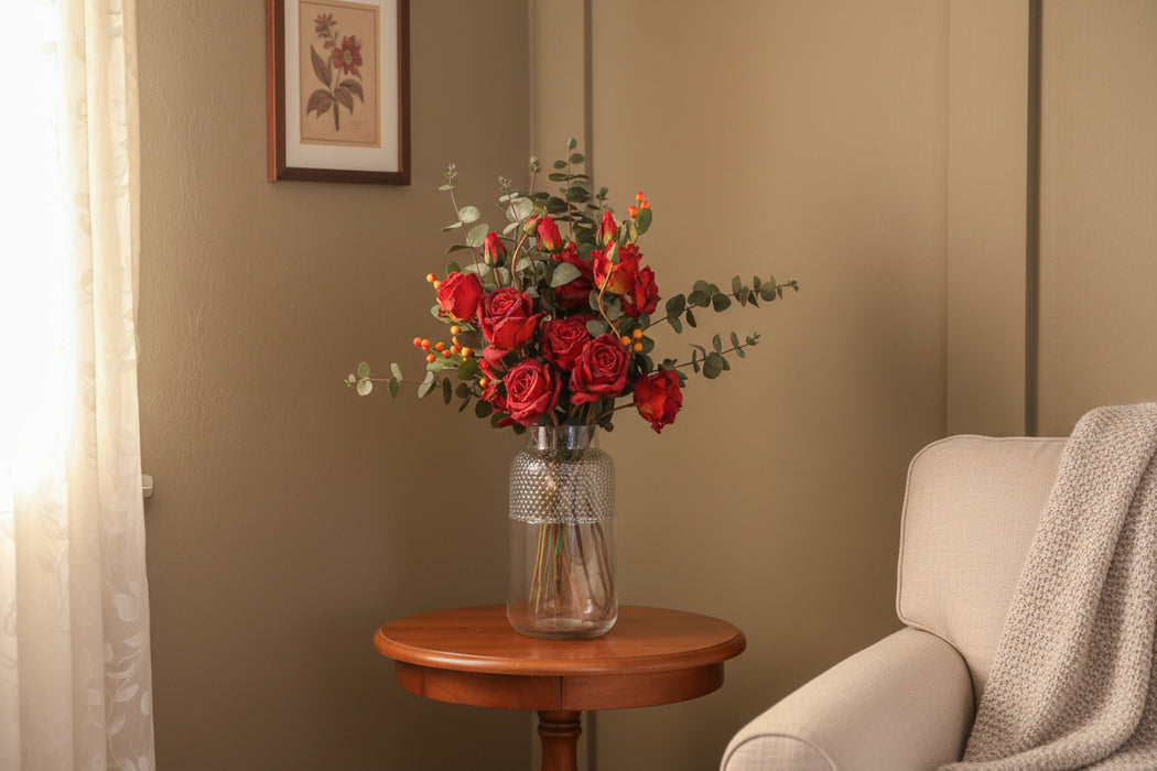 60cm Red Rose and Eucalyptus Glass Diamond Vase