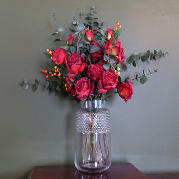 60cm Red Rose and Eucalyptus Glass Diamond Vase