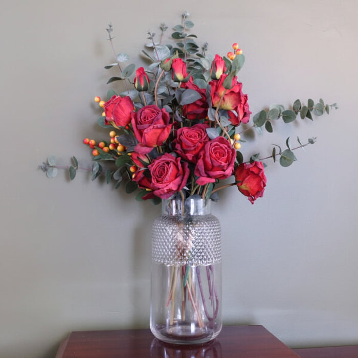 Red Rose and Eucalyptus with Glass Diamond Vase - 60cm