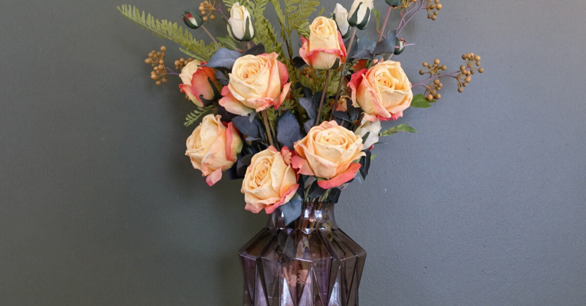 Yellow Rose Display with Geometric Glass Vase - 65cm