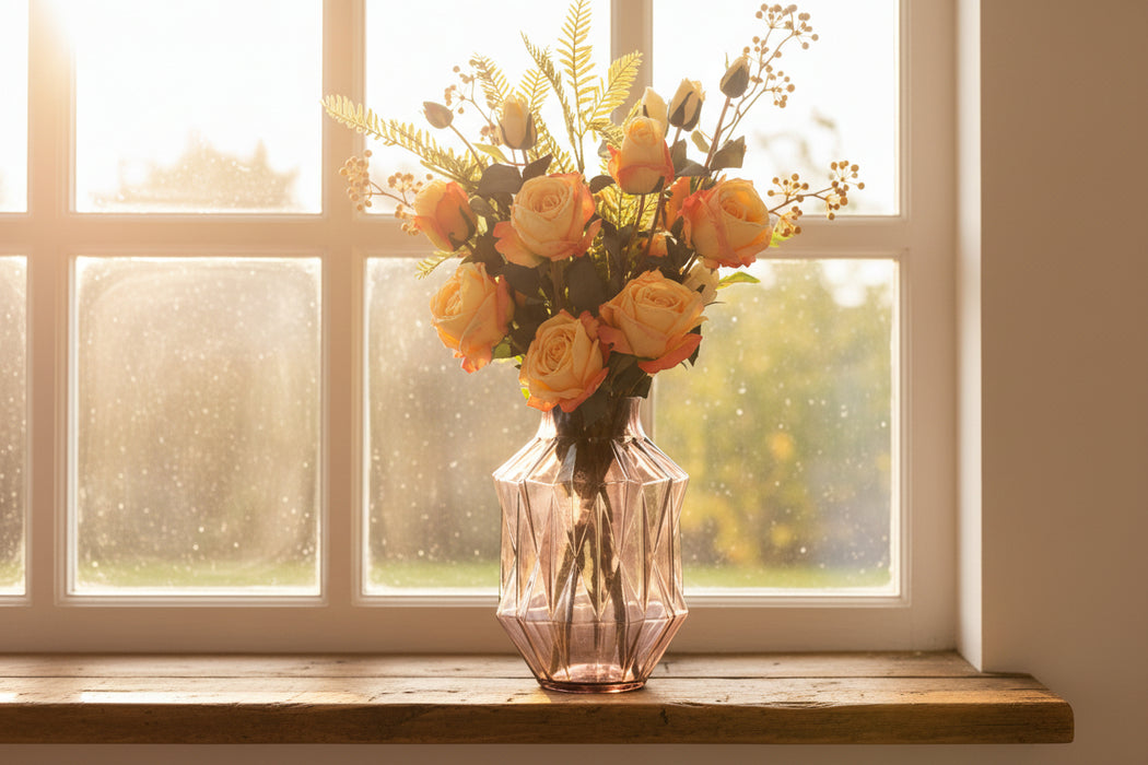 Yellow Rose Display with Geometric Glass Vase - 65cm
