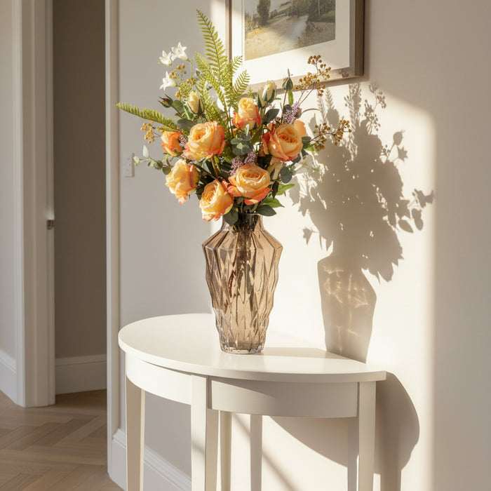 Yellow Rose Display with Geometric Glass Vase - 65cm