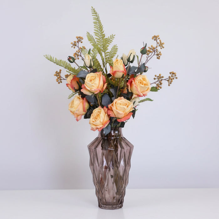 Yellow Rose Display with Geometric Glass Vase - 65cm