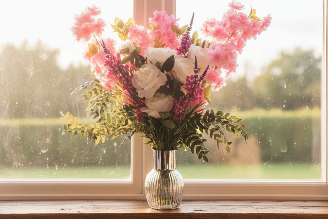 Pink Blossom White Rose Arrangement Glass Vase - 100cm