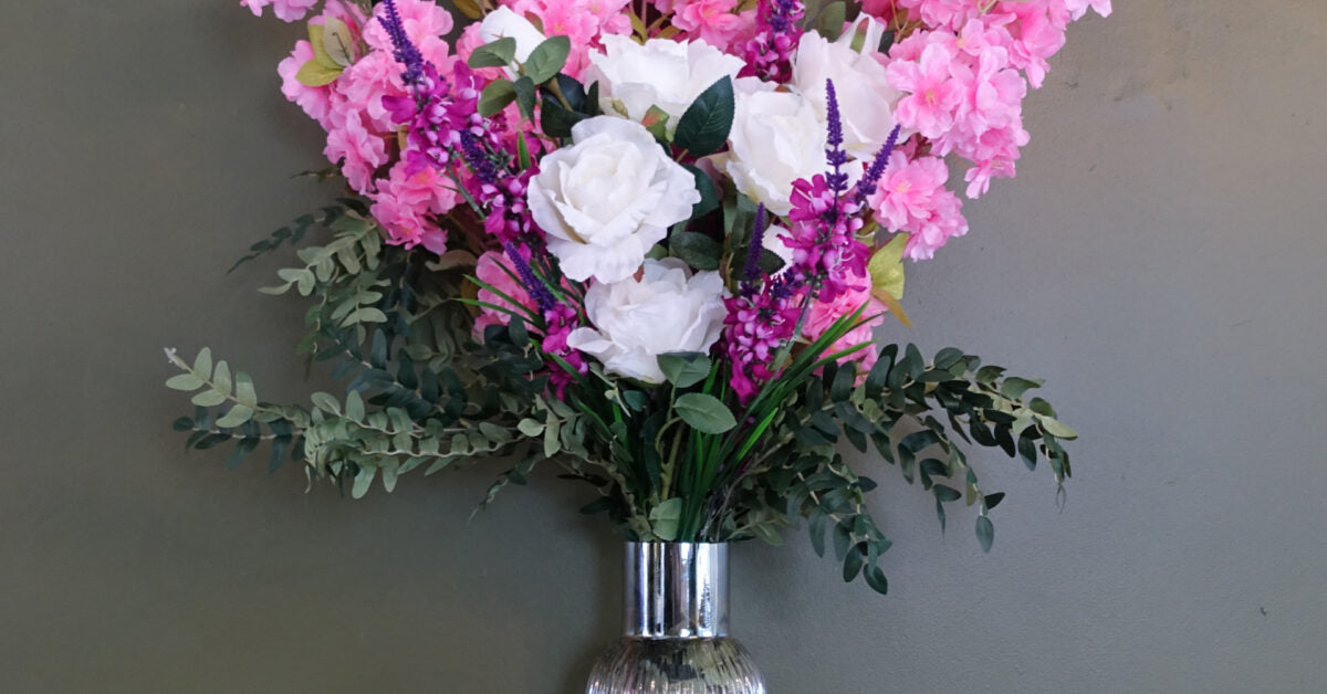 Pink Blossom White Rose Arrangement Glass Vase - 100cm