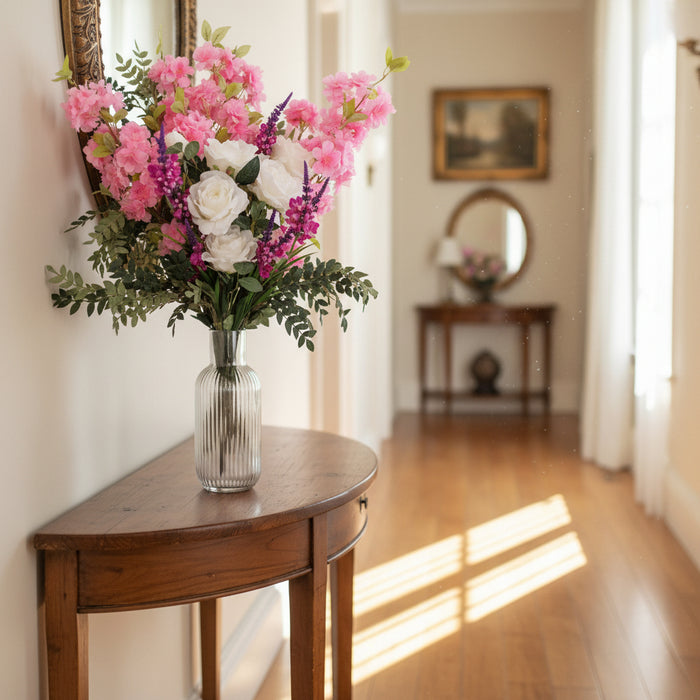 Pink Blossom White Rose Arrangement Glass Vase - 100cm