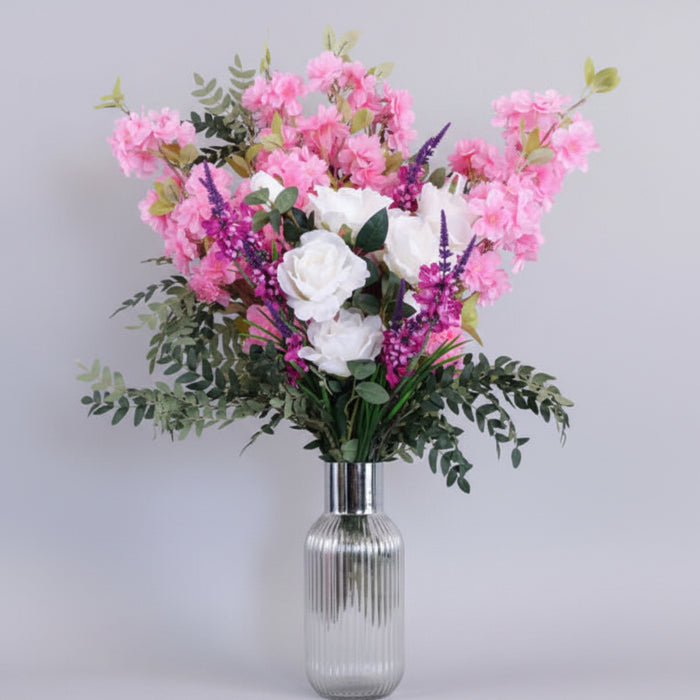 Pink Blossom White Rose Arrangement Glass Vase - 100cm