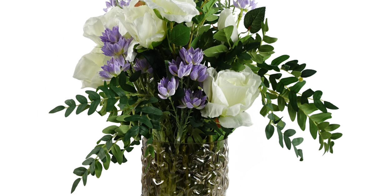 White Roses Purple Starflower Display 60cm - Glass Vase
