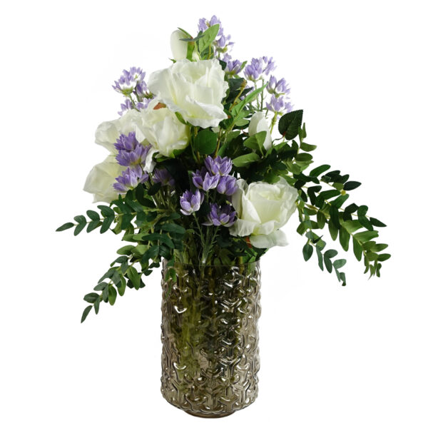 White Roses Purple Starflower Display 60cm - Glass Vase