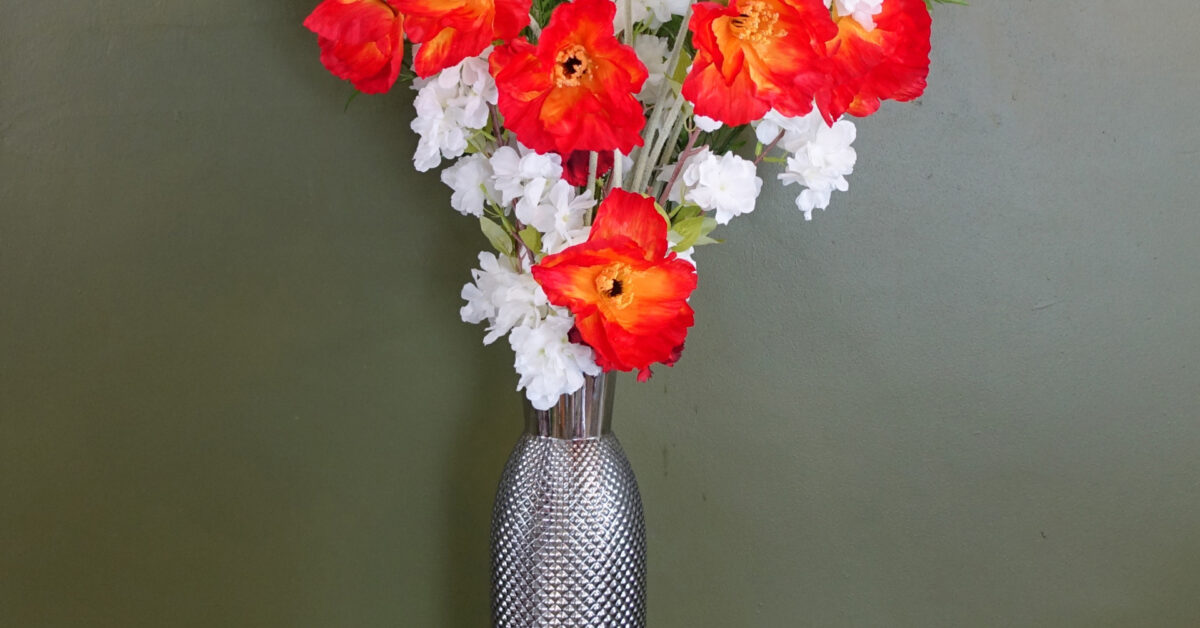 Poppy and White Blossom Arrangement Glass Vase - 100cm