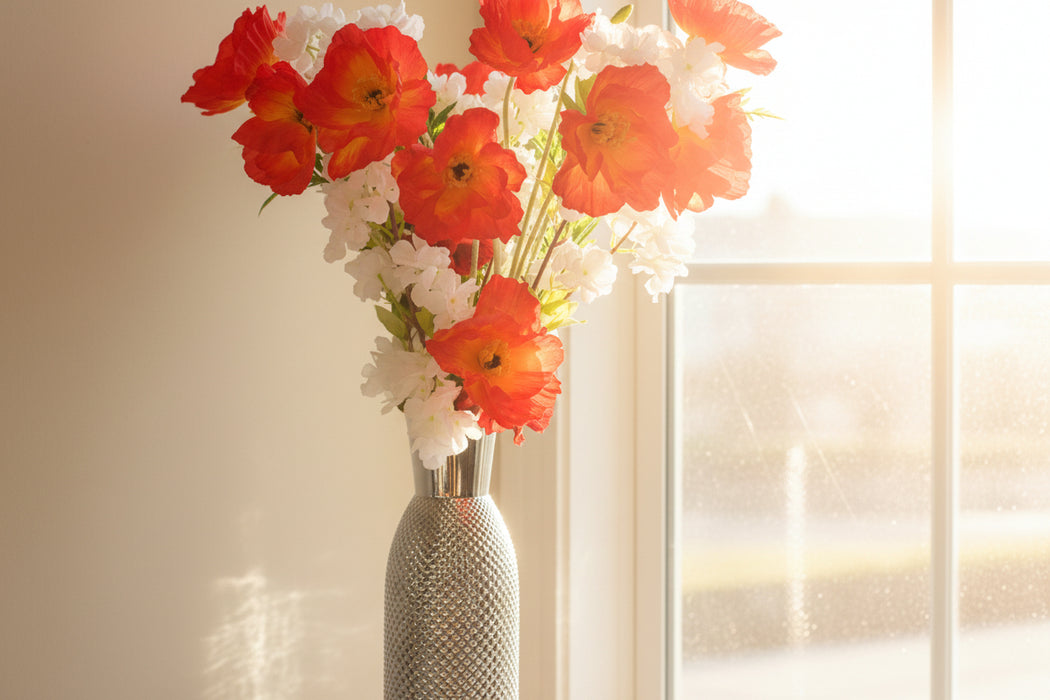 Poppy and White Blossom Arrangement Glass Vase - 100cm