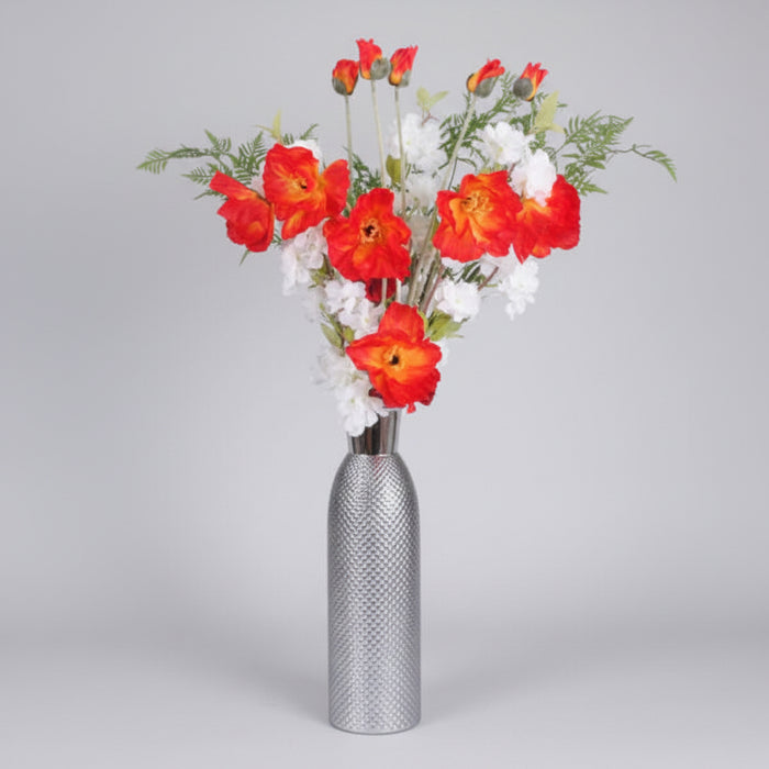 Poppy and White Blossom Arrangement Glass Vase - 100cm
