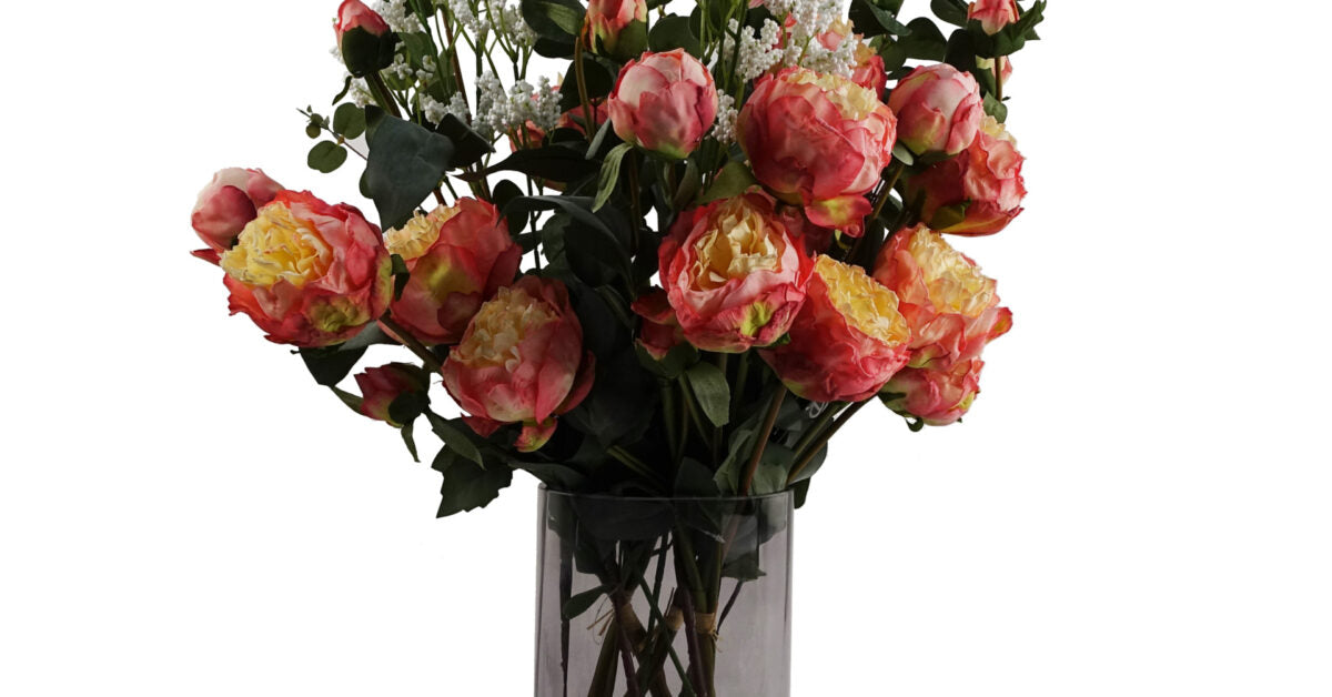 Pink Peonies and Eucalyptus Arrangement with Smoke Grey Vase - 60cm