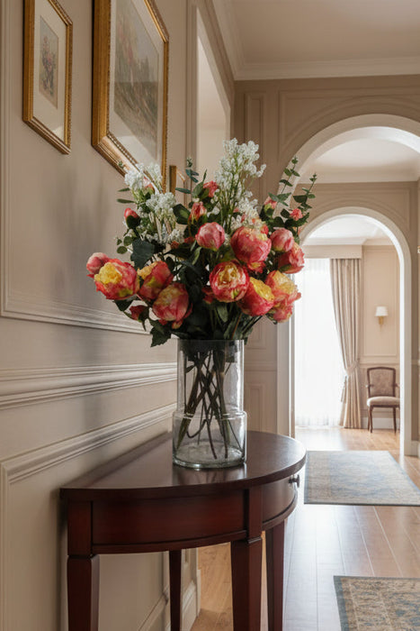 Pink Peonies and Eucalyptus Arrangement with Smoke Grey Vase - 60cm