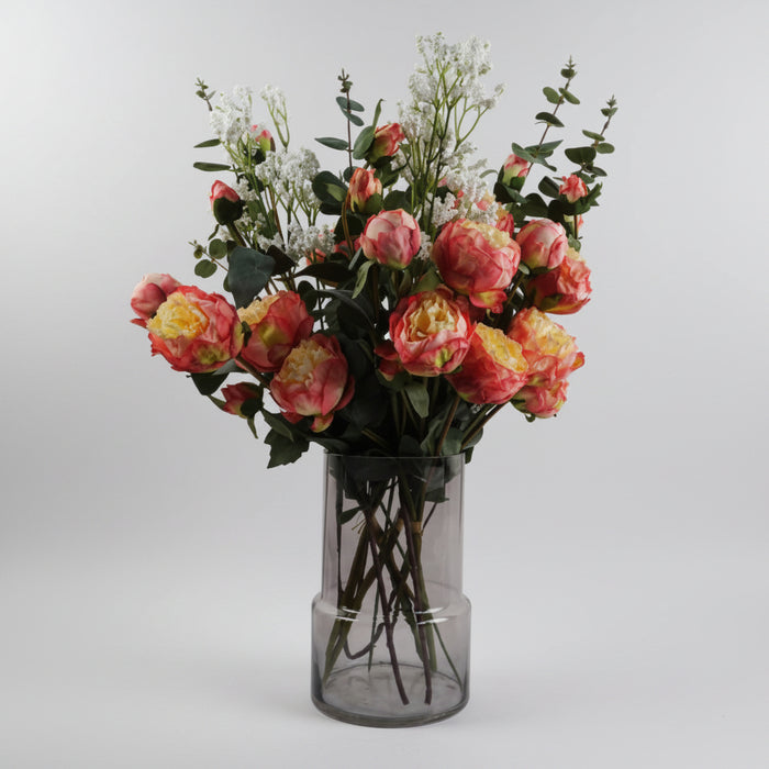 Pink Peonies and Eucalyptus Arrangement with Smoke Grey Vase - 60cm