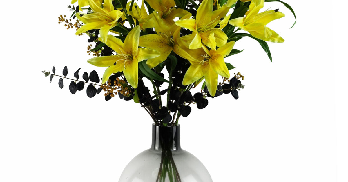 100cm Yellow Lily Black Eucalptus Glass Ball Vase