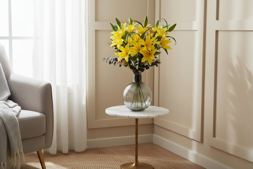 100cm Yellow Lily Black Eucalptus Glass Ball Vase