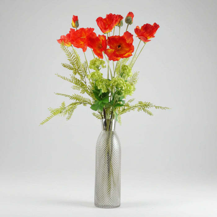 100cm Red Poppy and Fern Flower Arrangement with Smoke Grey Glass Vase