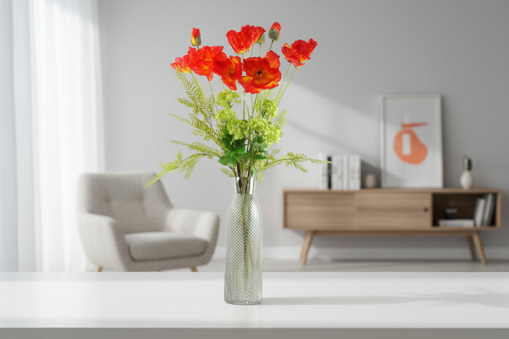 100cm Red Poppy and Fern Flower Arrangement with Smoke Grey Glass Vase