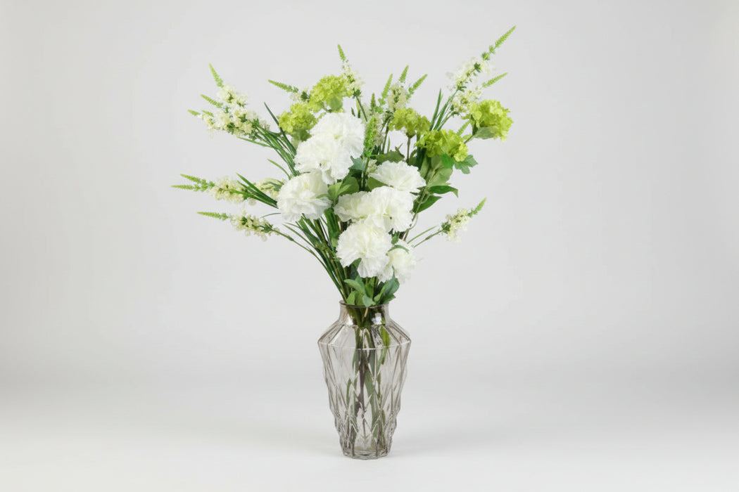 80cm White Artificial Carnation and Larkspur in Glass Vase