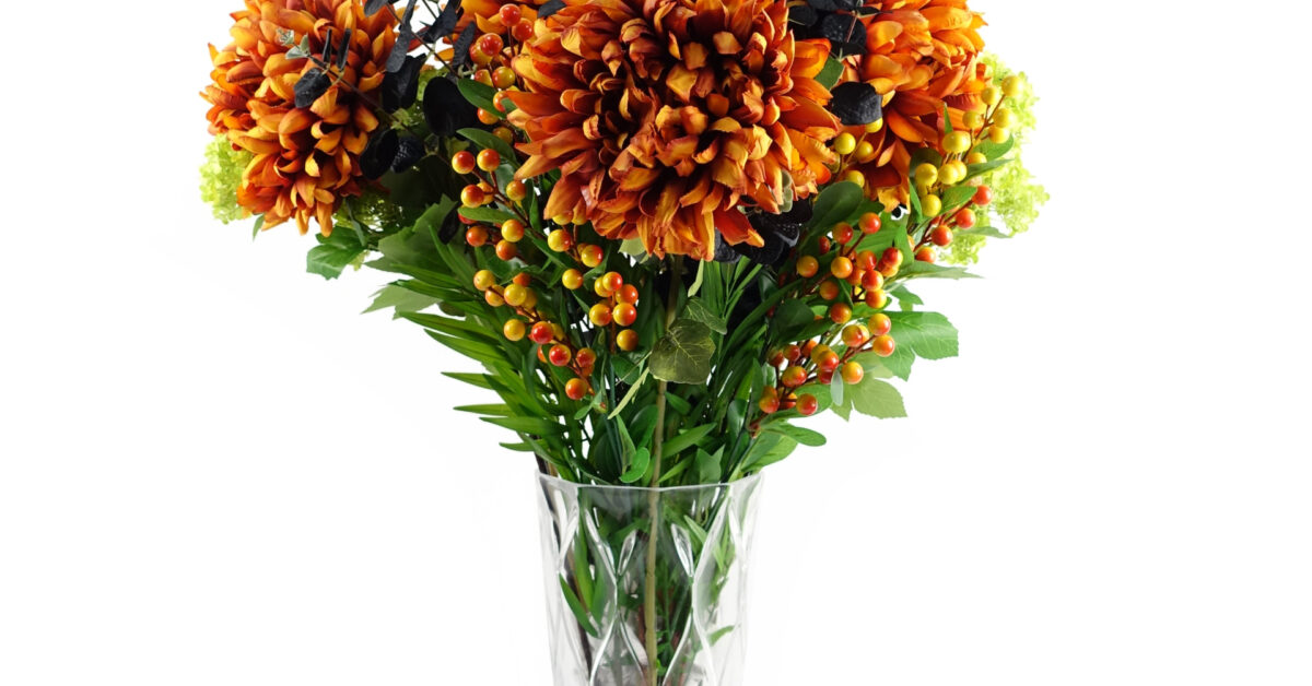 Orange Chrysanthemum Foliage and Glass Vase - 80cm