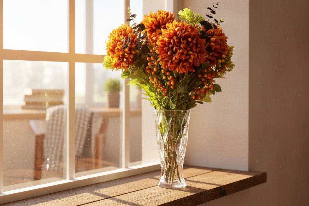 Orange Chrysanthemum Foliage and Glass Vase - 80cm