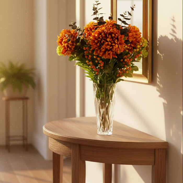 Orange Chrysanthemum Foliage and Glass Vase - 80cm