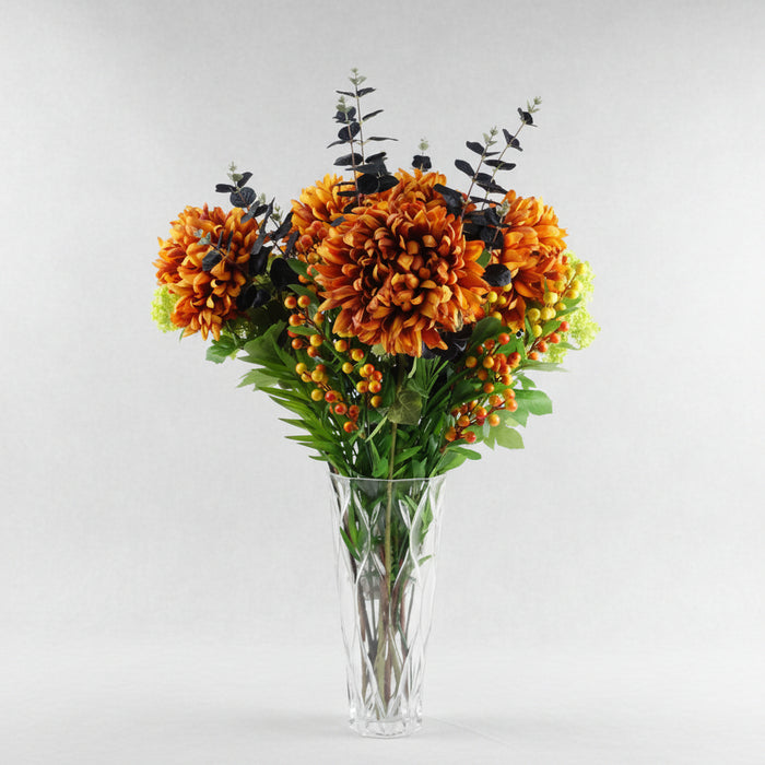Orange Chrysanthemum Foliage and Glass Vase - 80cm