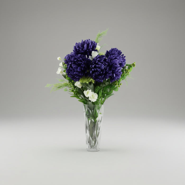 90cm Purple Chrysanthemum and Ferns Glass Vase