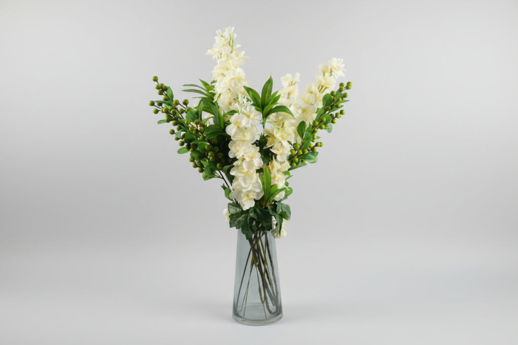 60cm Artificial Berry Delphinium Cream Flower Mix Glass Vase