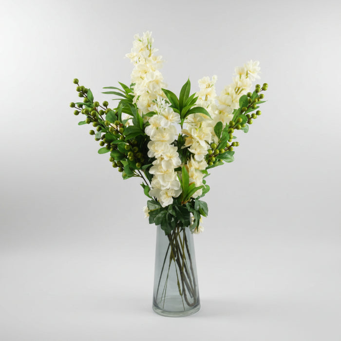 Elegant 60cm Cream Delphinium & Berry Arrangement with Glass Vase