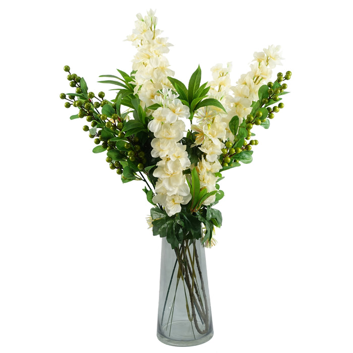 60cm Artificial Berry Delphinium Cream Flower Mix Glass Vase