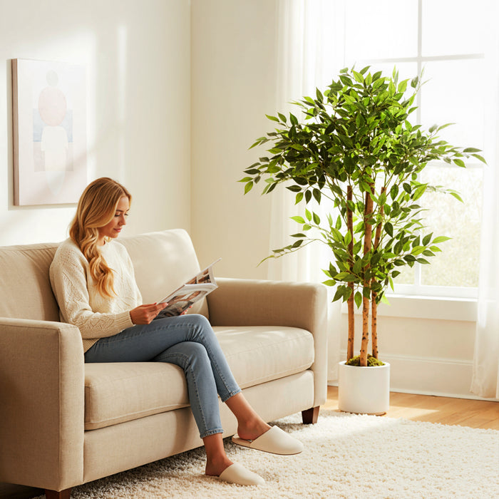 120cm Artificial Ficus Tree with Solid Wood Trunk and Pot for Indoor