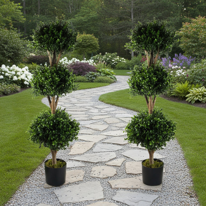 120cm Realistic Pair of Buxus Triple Ball TOPIARY Tree. UV Resistant.