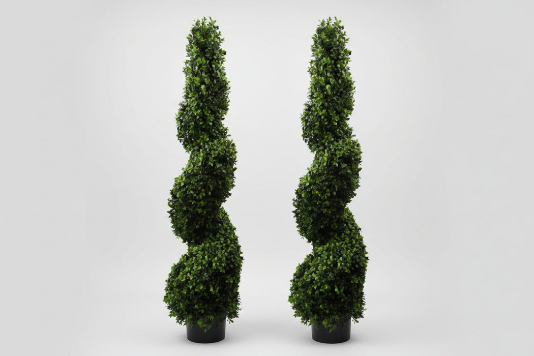 120cm Pair of Realistic Spiral Buxus Topiary Tree. UV Resistant Outdoor