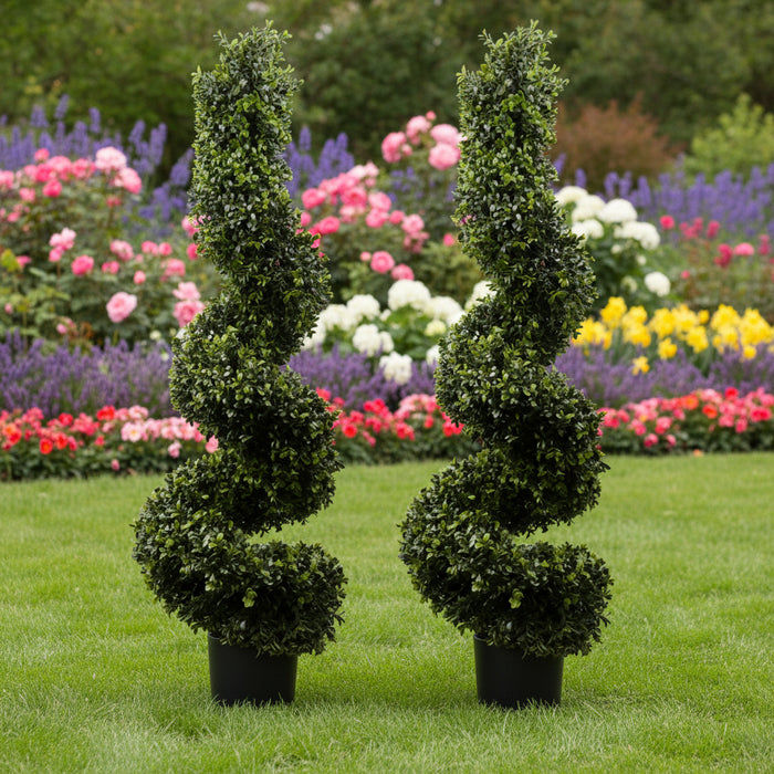 120cm Pair of Spiral Boxwood Topiary Tree. UV Resistant Outdoor