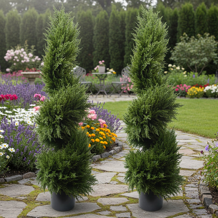 120cm Pair of Stylish Spiral Cypress Topiary Tree. UV Resistant Outdoor