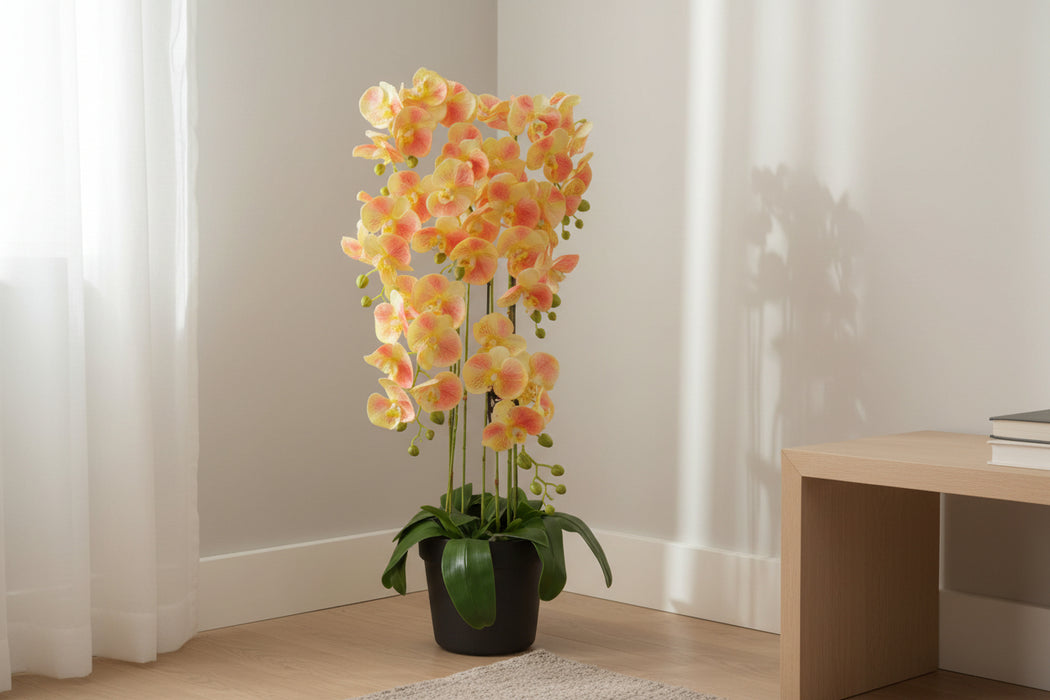 110cm Large Yellow Peach Orchid Plant – Artifcial – 41 REAL TOUCH...
