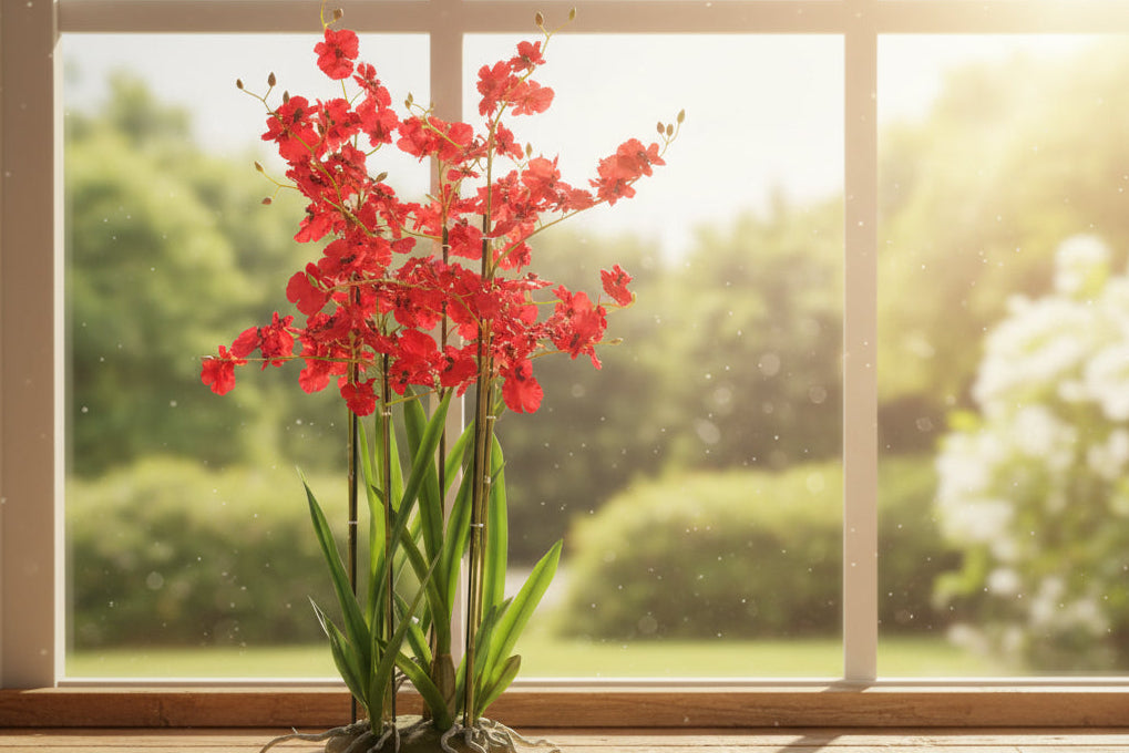 90cm Oncidium Artificial Orchid Red in Stoneware Planter