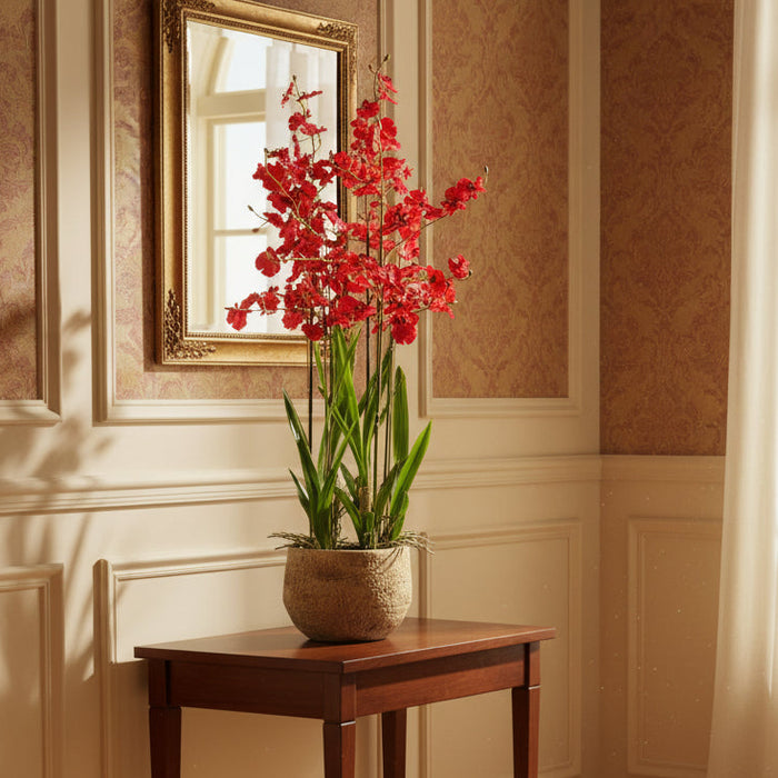 90cm Oncidium Artificial Orchid Red in Stoneware Planter