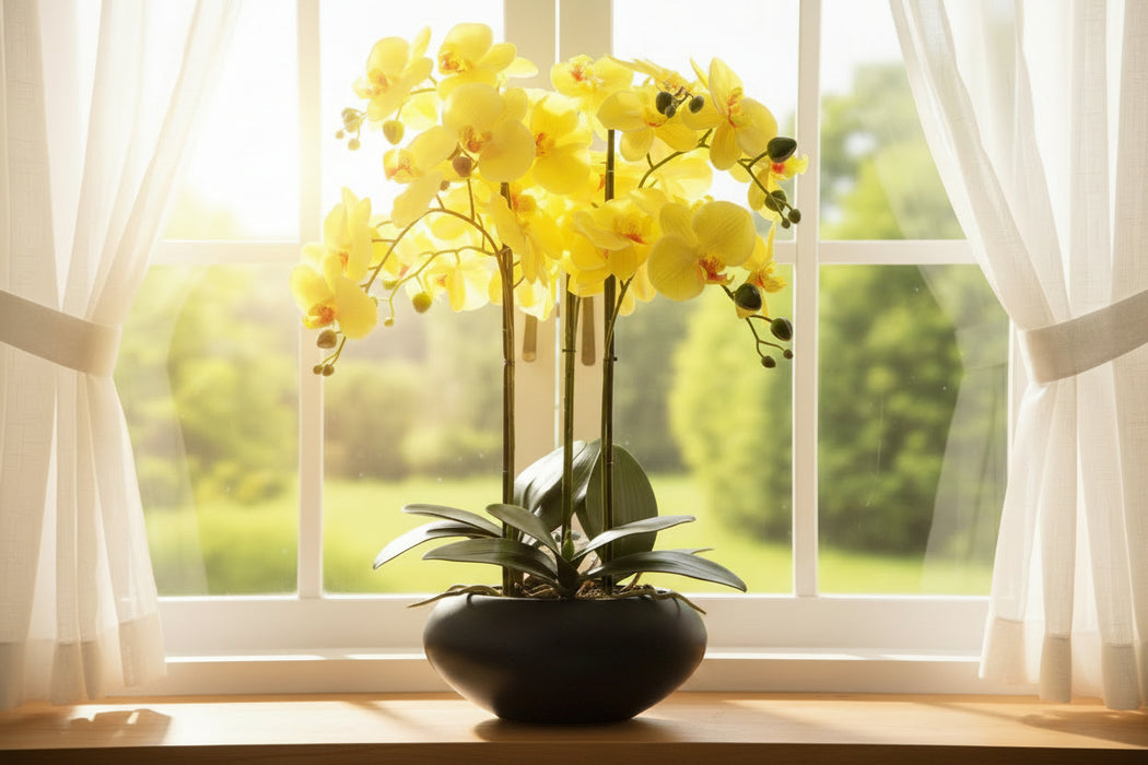 60cm Yellow Orchid – Black Ceramic Planter