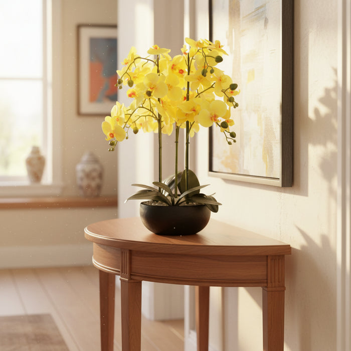 60cm Yellow Orchid – Black Ceramic Planter