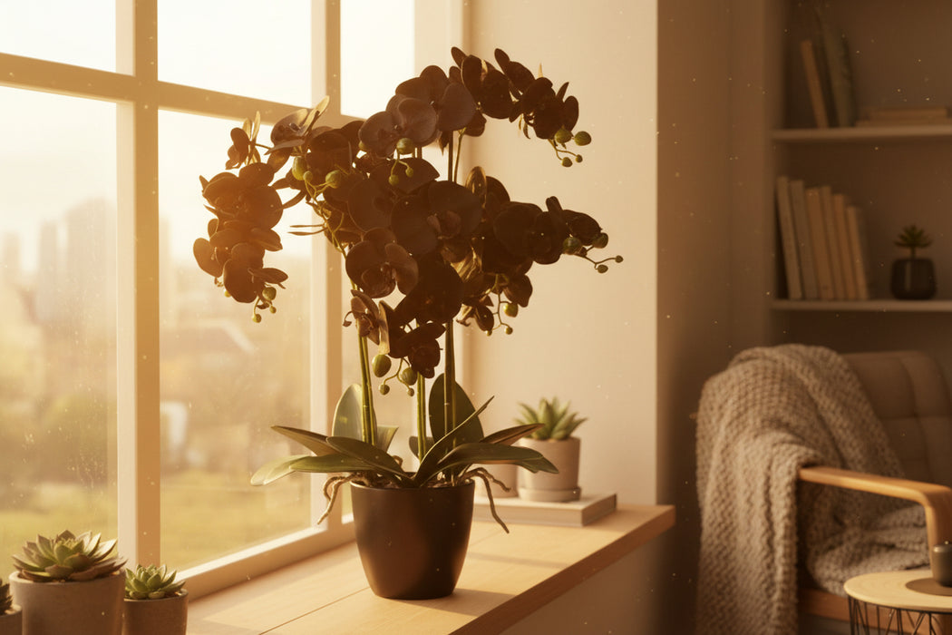60cm Black Orchid – White Marble Ceramic Planter